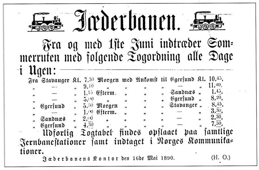 Rutetabell, Jærbanen 1890