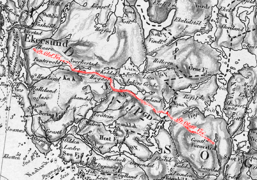 Utsnitt av sydlige deler av Amtskart for Stavanger amt fra 1860. "St. Olafs vei" er her uthevet med rødt. Den går fra Egersund til Gaudland