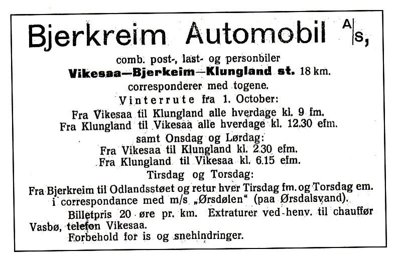 Annonse for ruta Vikeså - Bjerkreim - Klungland. Dalane Tidende 1920