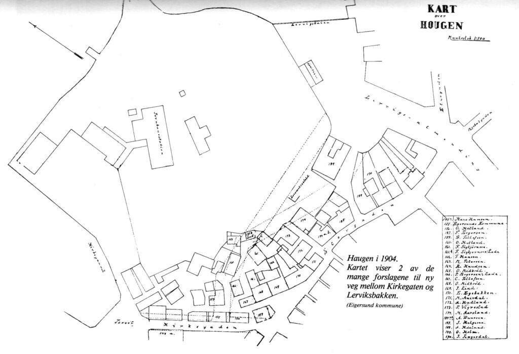 Kart over Haugen 1904 med ulike traseforslag for Jernbaneveien. Eigersund kommunes arkiv