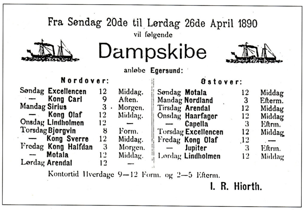 Kystrutas anløp i Egersund siste uke i april 1890. Dalernes Tidende 19.04.1890