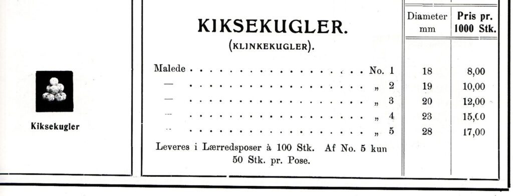 I 1909 ble det produsert mablisskuler i fem størrelser. Priskurant fra Egersunds Fayancefabriks Co. - 1909