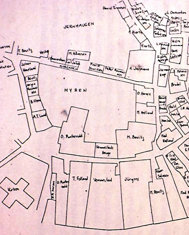 Utsnitt av eiendomskart - situasjonen før bybrannen i 1843